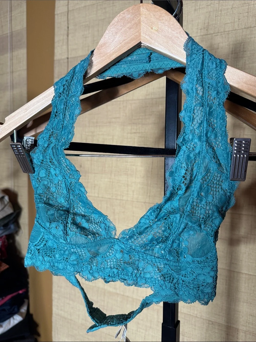 Free People Intimately Galloon Lace Halter Bralette Evergreen XS